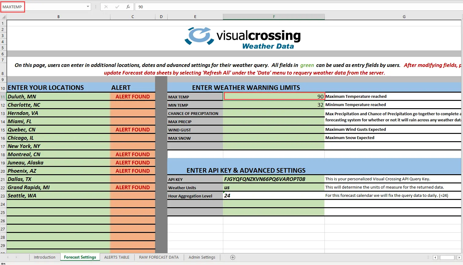 User settable cell values for weather alerts