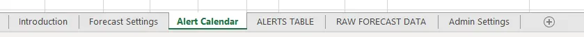 Sheets that make up the Weather Alert Workbook