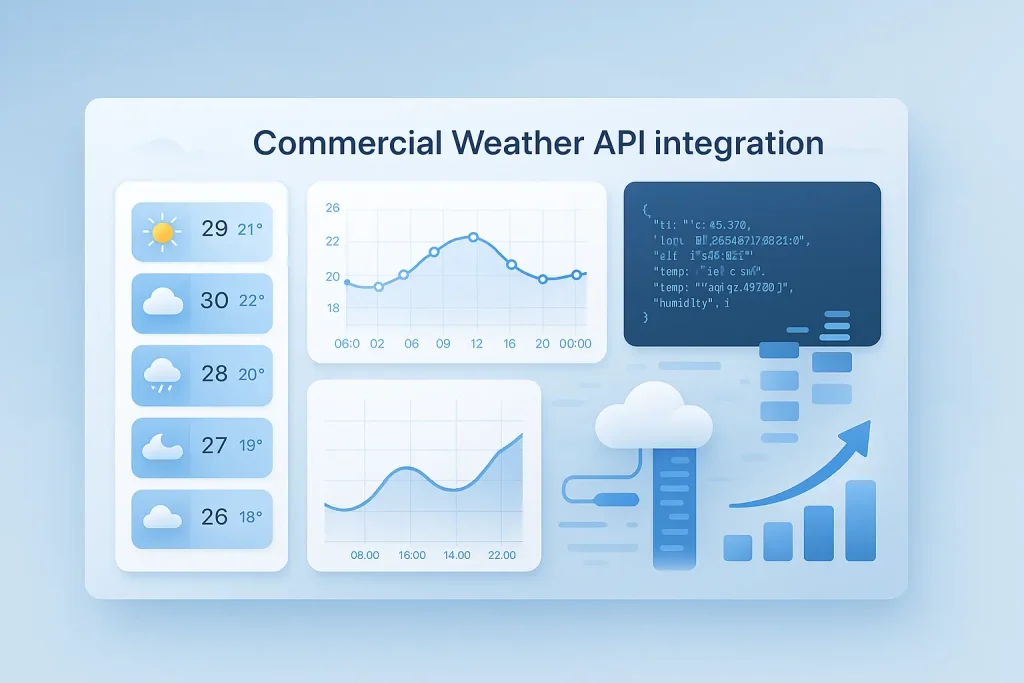A modern 2D dashboard illustration showing commercial weather API integration with forecast widgets, temperature charts, code panel, and ROI analytics in blue tech UI style.