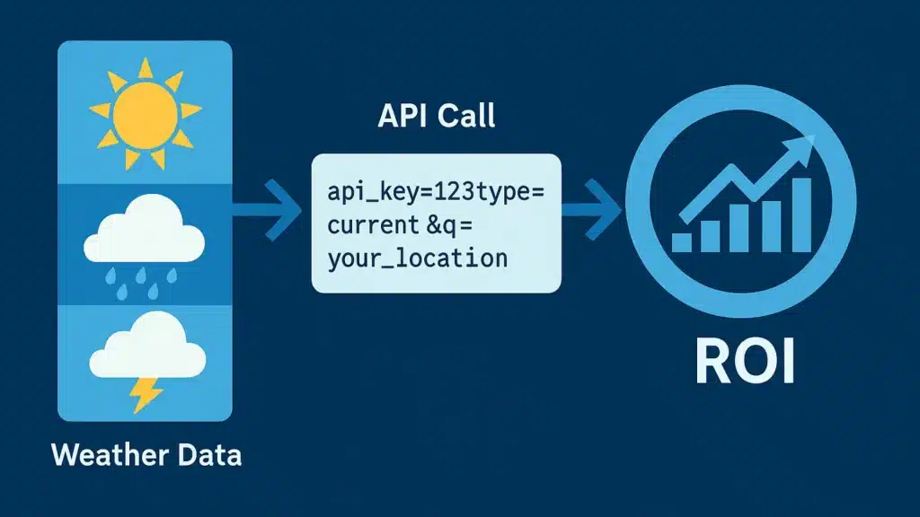 Flat-design horizontal infographic showing commercial weather API integration workflow from weather data to API call to ROI with icons for sun, clouds, rain, and a rising chart.