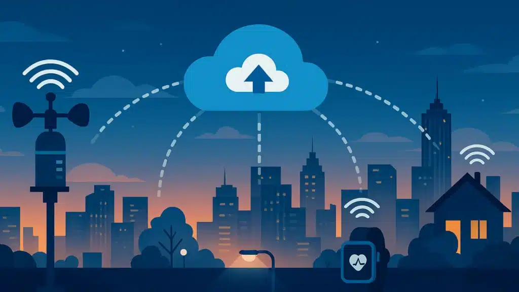 Futuristic smart city skyline with connected IoT air quality sensors and transparent AQI dashboard overlay, representing real-time environmental monitoring through Visual Crossing API.