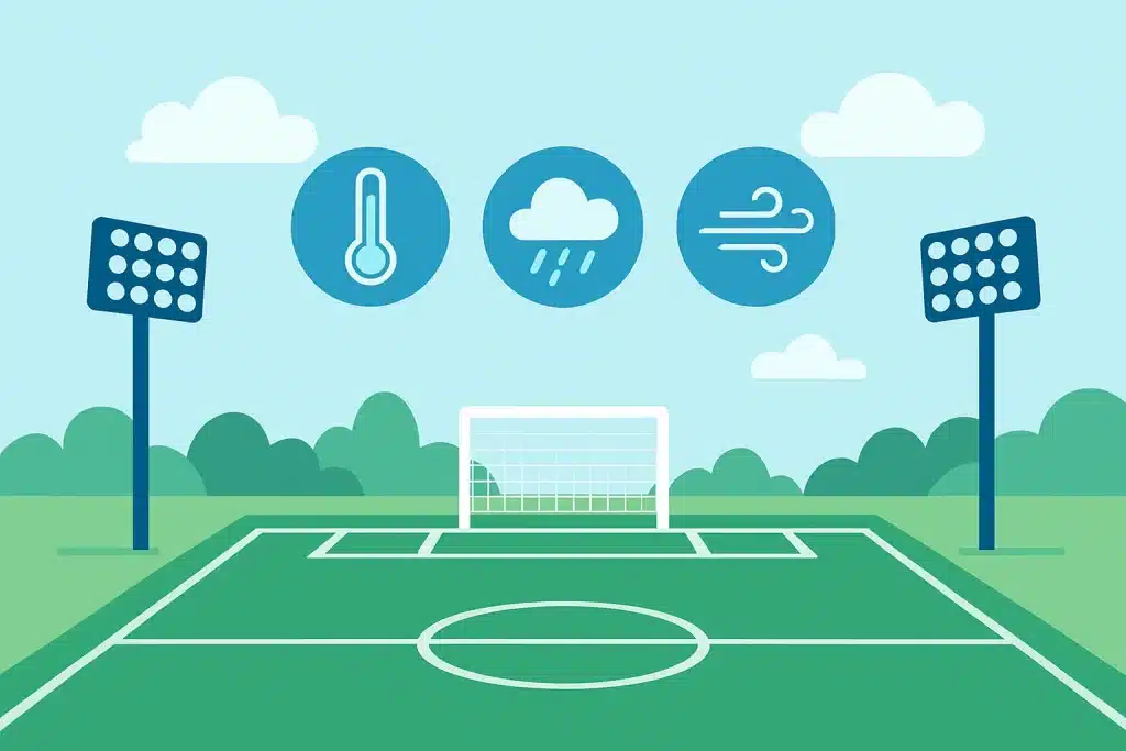 A flat-style digital illustration of a football field with weather icons showing temperature, rain, and wind, representing weather monitoring for sports field conditions.
