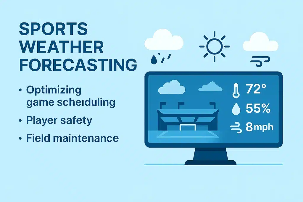 A flat-style digital illustration showing a sports weather forecasting dashboard with stadium graphics, temperature, humidity, and wind data icons for optimizing game scheduling and player safety.