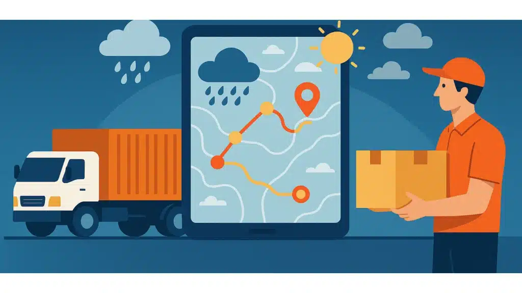 Flat-style illustration showing a logistics truck, delivery worker, and a digital map route with weather icons such as rain and sun, representing transportation and logistics weather API forecasting