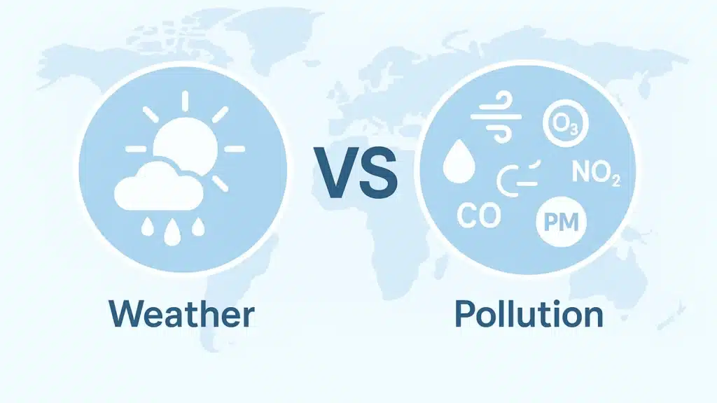 A bright flat-style illustration comparing weather and pollution with clean blue and white tones, showing sun and clouds on one side and pollutant icons like PM, CO, and NO2 on the other, symbolizing the connection between weather and air quality.