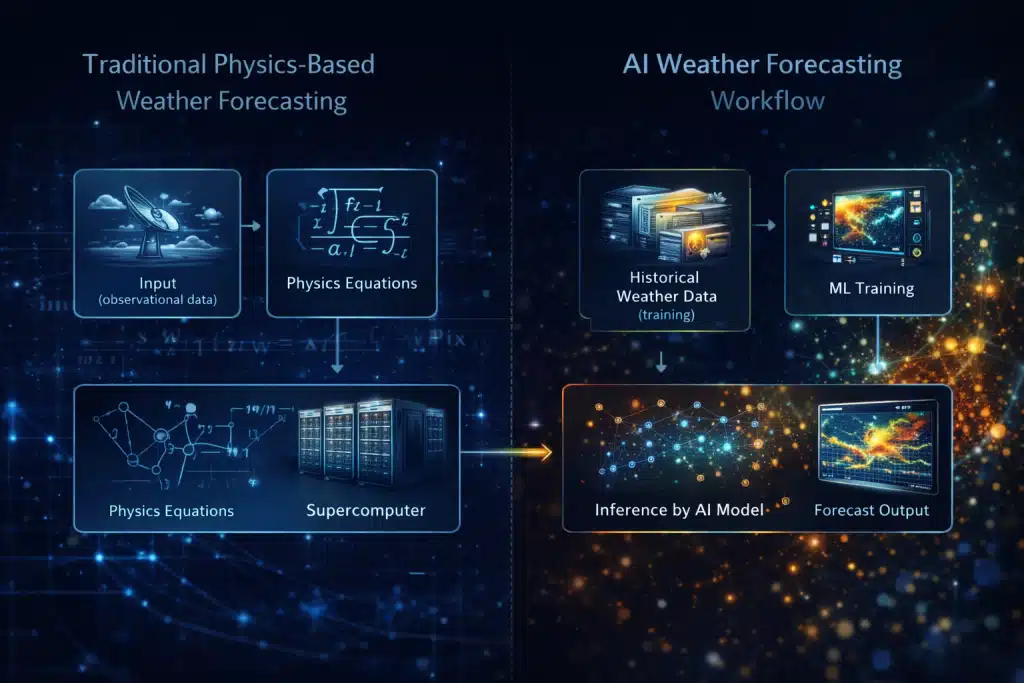 Workflow comparison between traditional physics-based weather forecasting models and AI forecasting systems