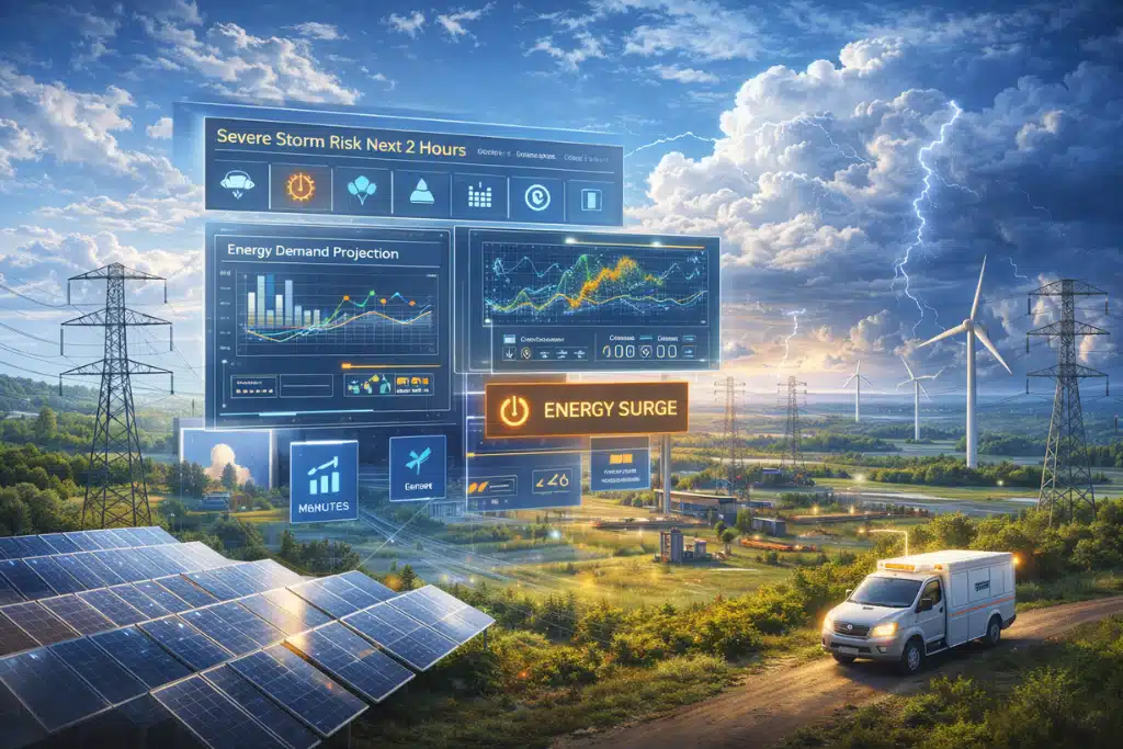 AI-powered weather forecasting supporting energy and utilities operations, showing solar panels, wind turbines, power lines, and real-time weather intelligence enabling automated grid management and operational decisions