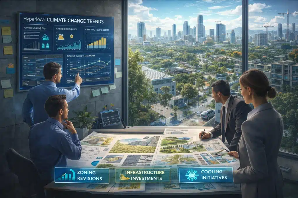 Urban planners using long-term hyperlocal weather data to guide infrastructure investment, zoning decisions, and heat mitigation strategies in a climate-resilient city