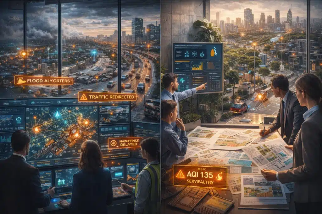 Hyperlocal weather data enabling automated urban operations such as flood pumps, traffic control, maintenance scheduling, and neighborhood-level alerts in a smart city