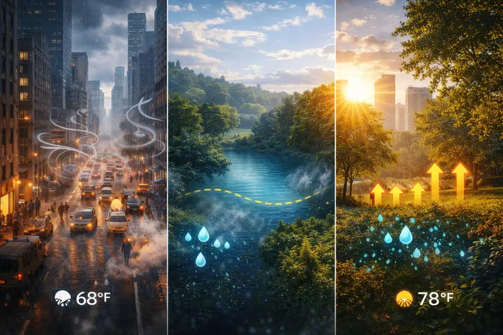 Environmental factors such as traffic, water bodies, and vegetation causing hyperlocal weather differences