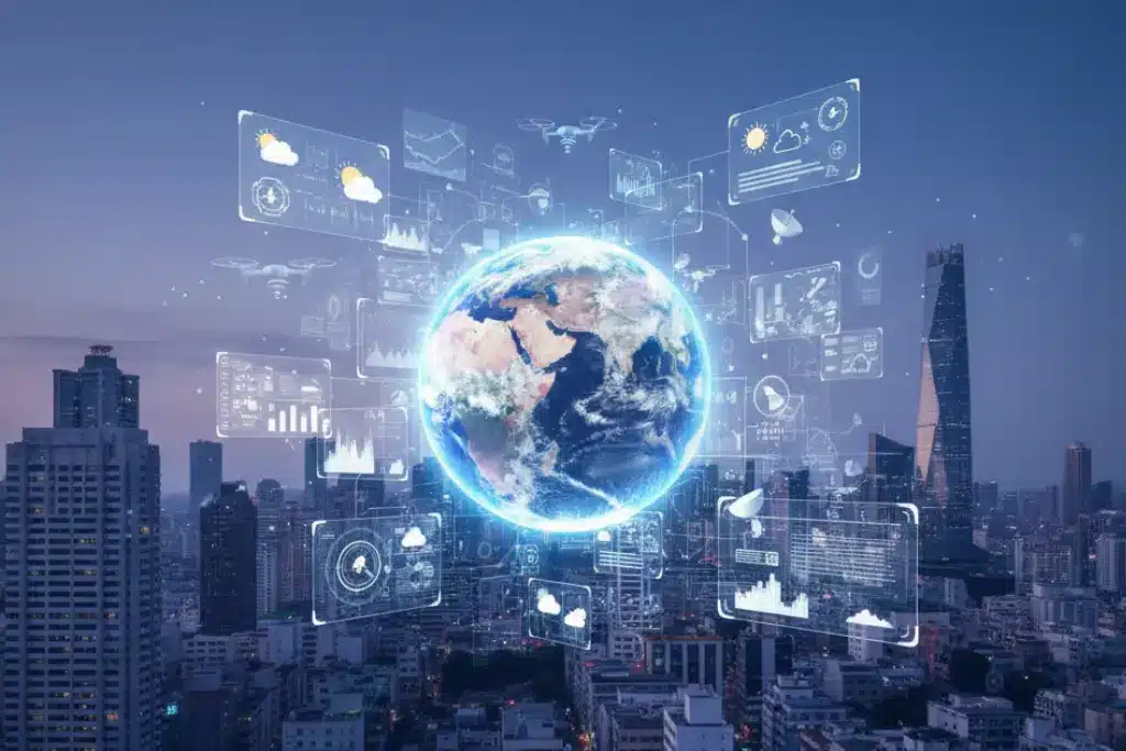 Future of weather forecasting illustrated with a global view of Earth, real-time data panels, and AI-powered weather intelligence over a city