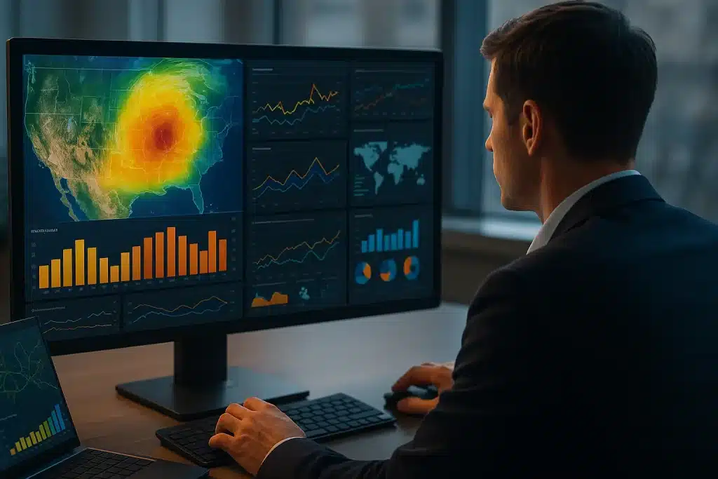 A business professional in an office analyzes multiple large monitors displaying weather maps, storm intensity visualizations, forecasting charts, and operational data dashboards. The screens show colorful weather patterns and graphs used for planning and decision-making.